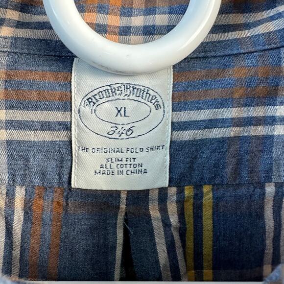 Brooks Brothers 346 Button Down Shirt Mens XL Orange‎ Navy Plaid Long Sleeve - Picture 5 of 7